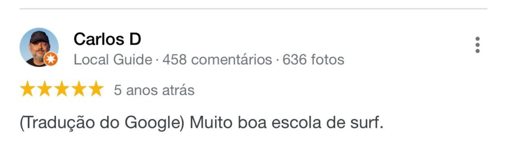 Avaliação do aluno Carlos D feito google a cinco anos atras. Ele avaliou a escola como 5 estrelas e disse: Muito boa escola de surf.